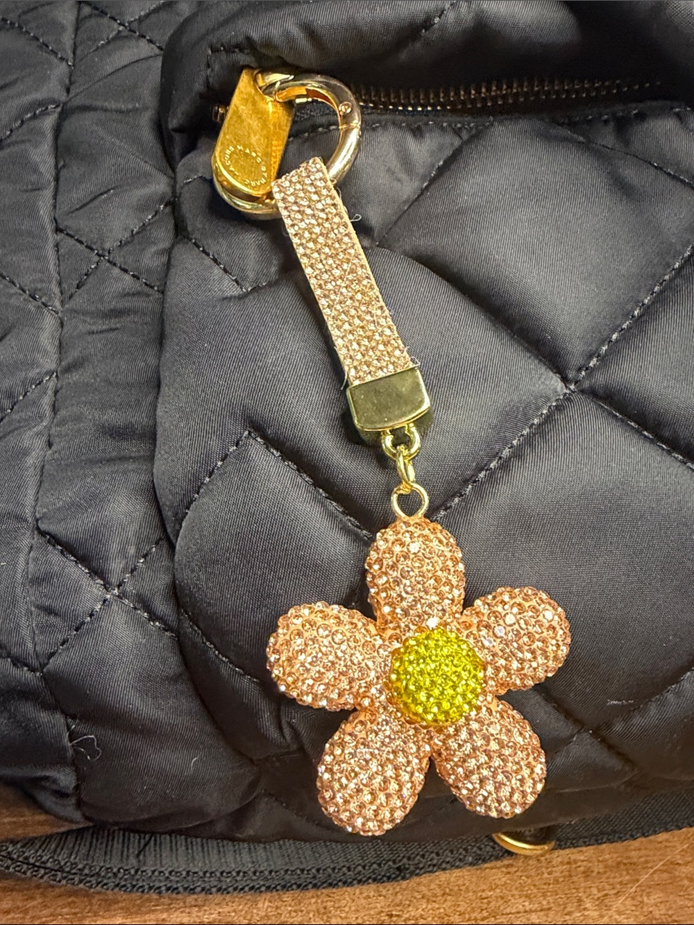 Rhinestone Tan Flower Keychain Bag Charm with Gold Hardware